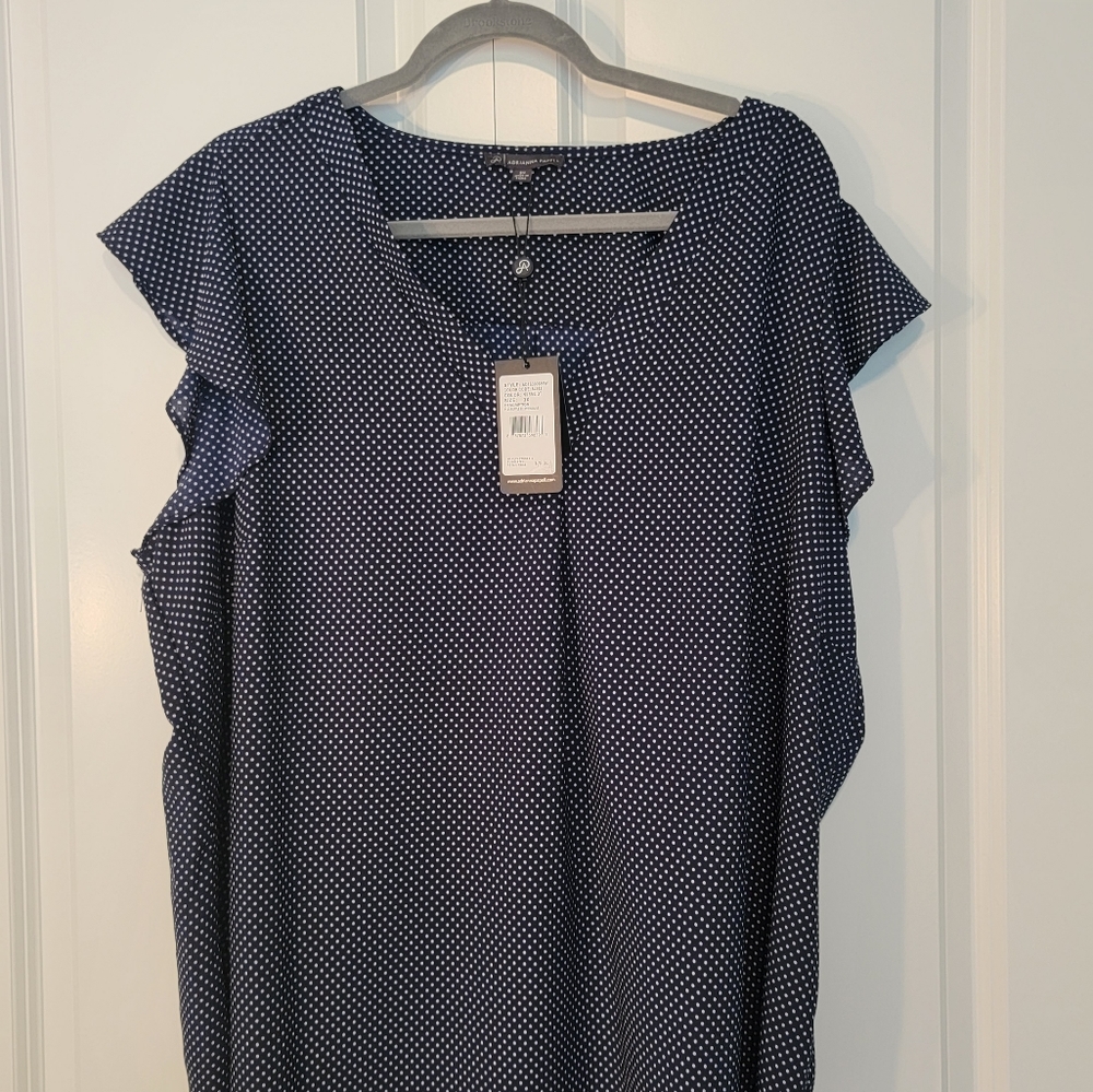NWT! Plus Size Adrianna Papell Navy Ruffle Sleeve Blouse w/White Polka Dots - 3X